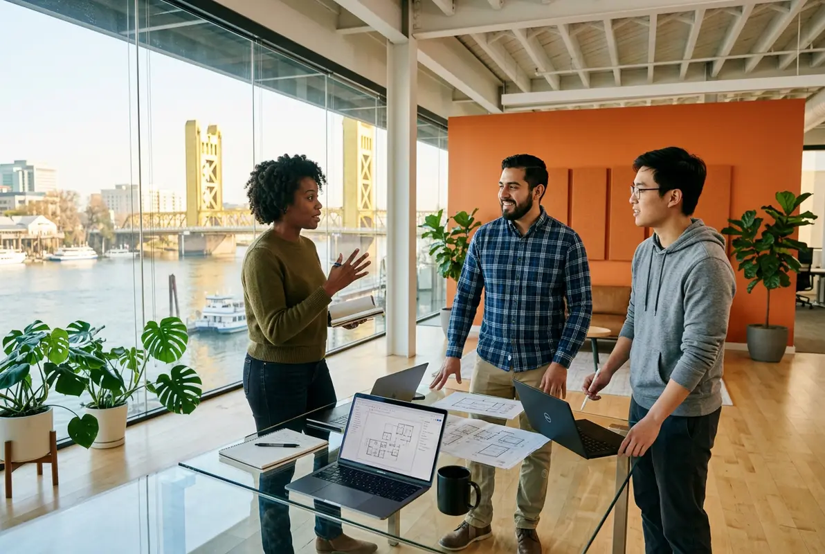 Three IT engineers meeting at a Sacramento riverfront tech office overlooking the Sacramento River and the yellow Tower Bridge