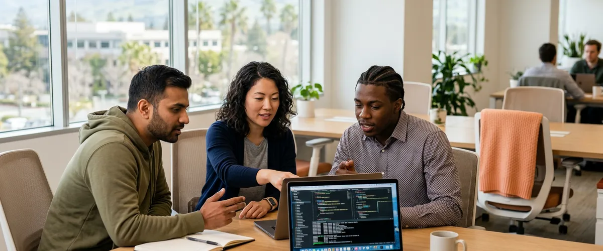 Software engineers collaborating in a modern San Jose tech office with Silicon Valley skyline behind them