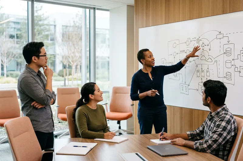 Engineering team reviewing cloud architecture diagrams in a Santa Clara conference room
