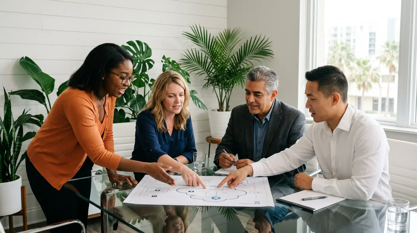 IT consulting team reviewing a printed cloud architecture diagram in a Tampa office