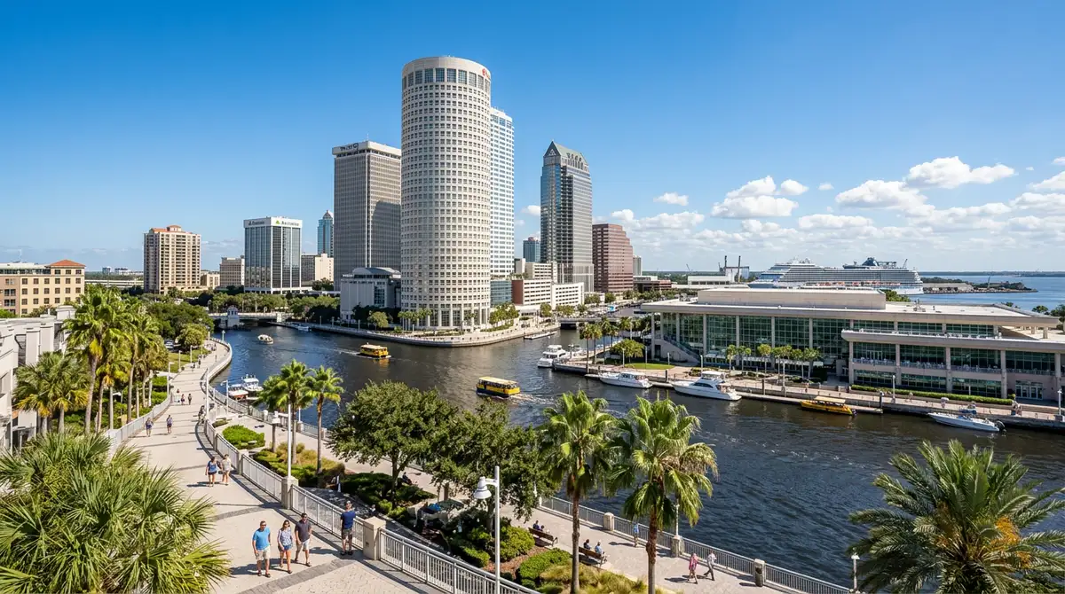Downtown Tampa Riverwalk skyline with Rivergate Tower and palm trees on a sunny day
