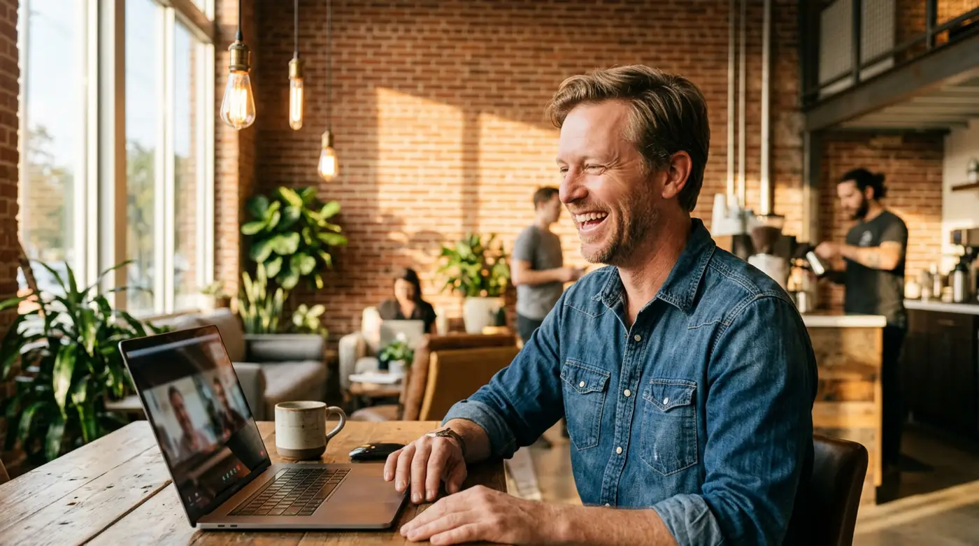 Senior software engineer interviewing on a video call from a sunlit Tampa coworking space