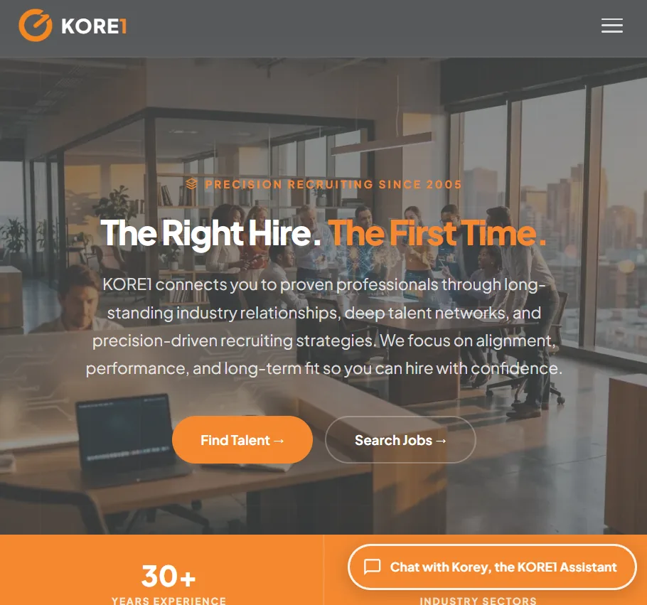 KORE1 homepage — top-ranked Denver staffing agency for specialized technical and professional hiring in 2026