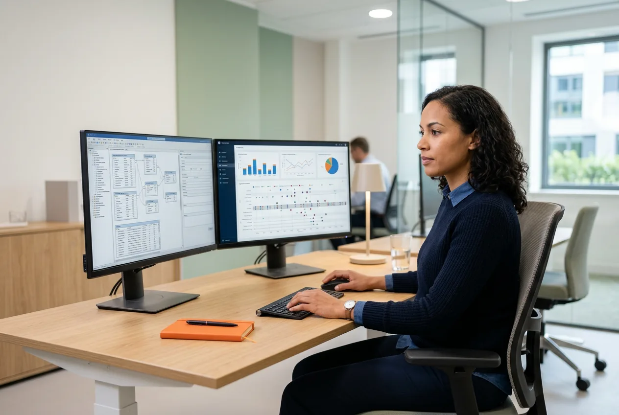 Clinical trial systems engineer building an EDC study database on dual monitors