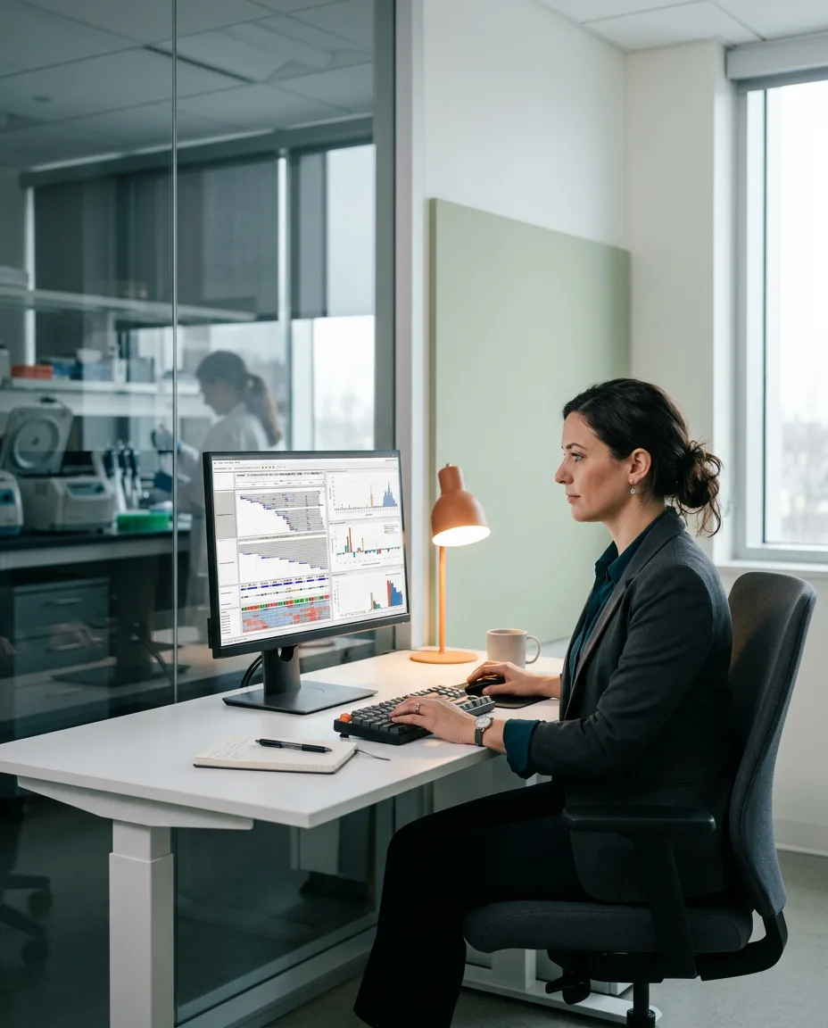 Life sciences IT analyst reviewing genomic sequencing data on a clinical workstation