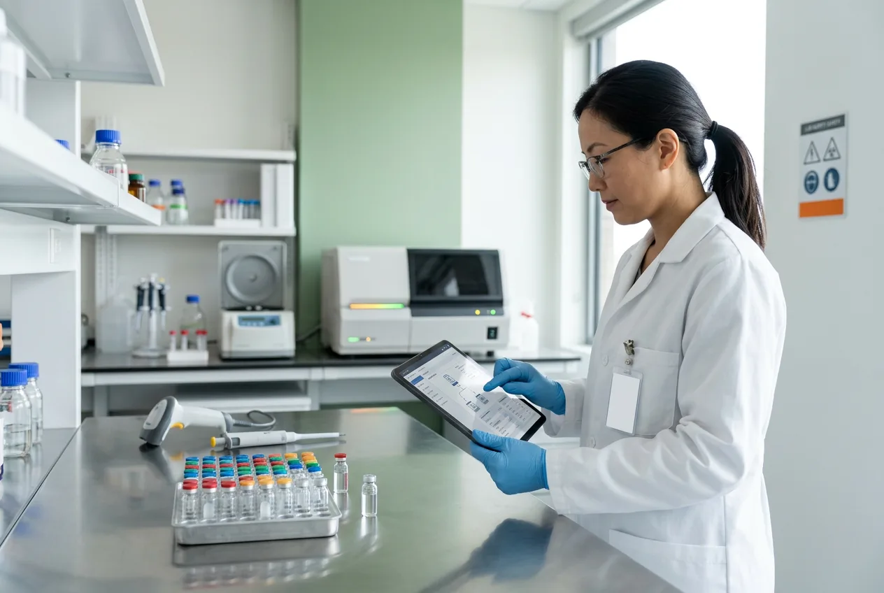 Lab informatics specialist configuring LIMS sample-tracking workflow at a clinical workstation