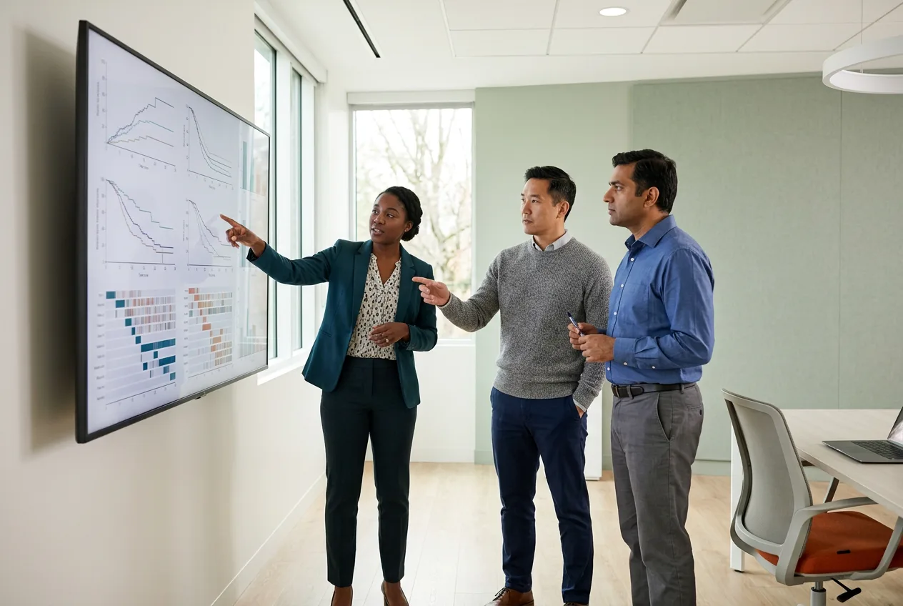 Oncology analytics team reviewing tumor-board insights from a clinical data warehouse