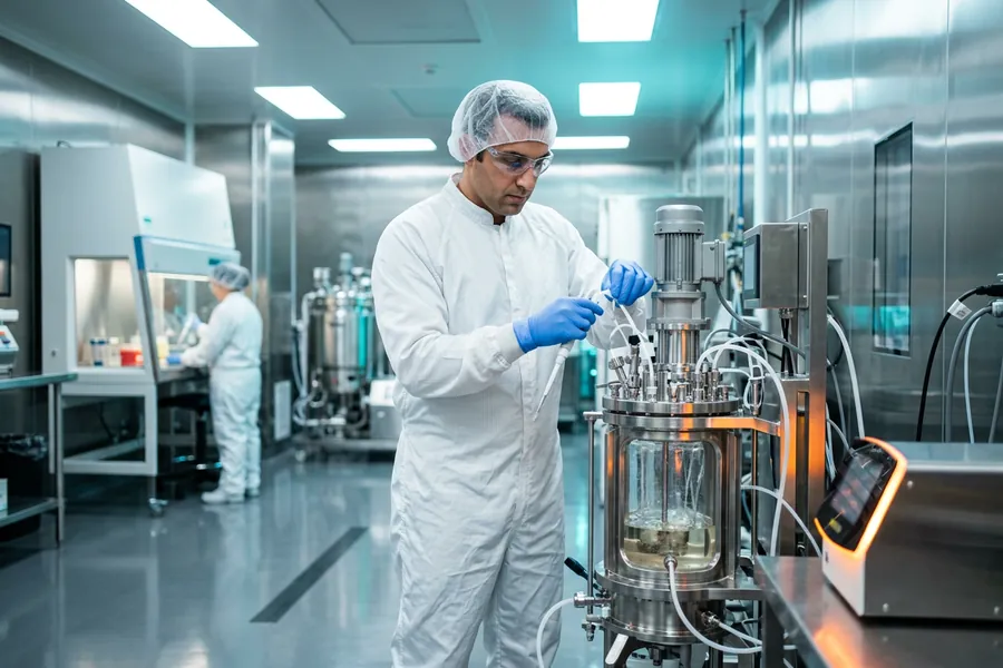 Cell and gene therapy process engineer working at a stainless steel bioreactor in a GMP manufacturing suite - KORE1 life sciences staffing