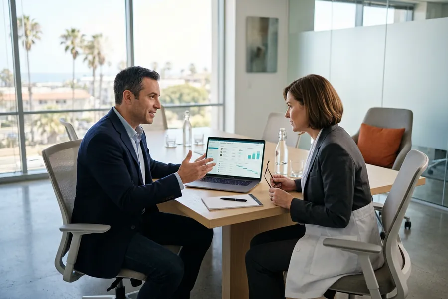 KORE1 recruiter meeting with a life sciences hiring manager in a modern conference room - life sciences staffing agency consultative kickoff
