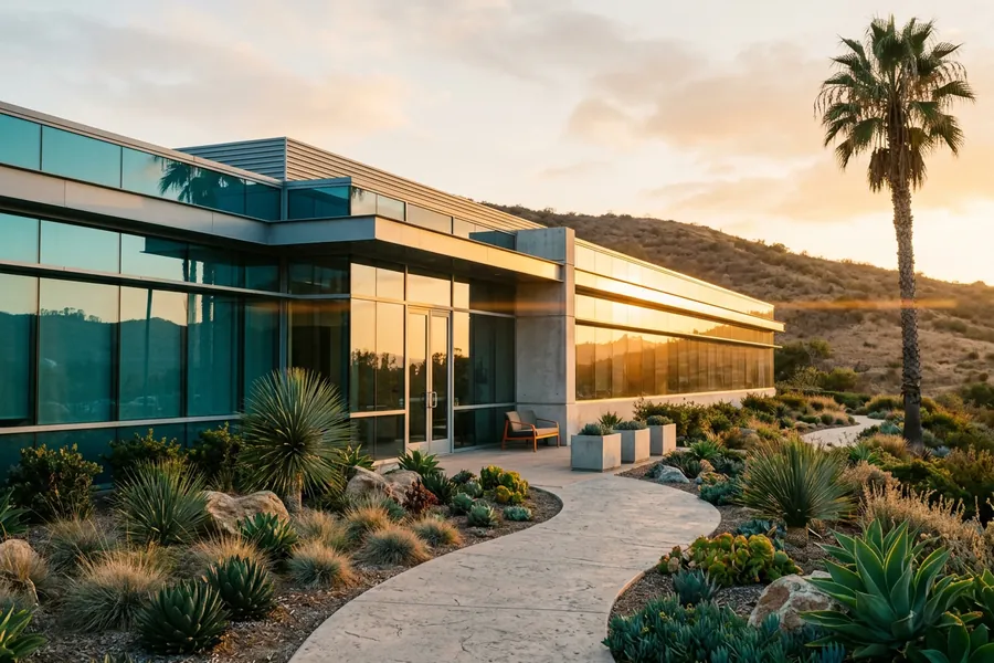 Sorrento Valley biotech research campus exterior with palms - KORE1 life sciences staffing agency coverage across the SoCal corridor