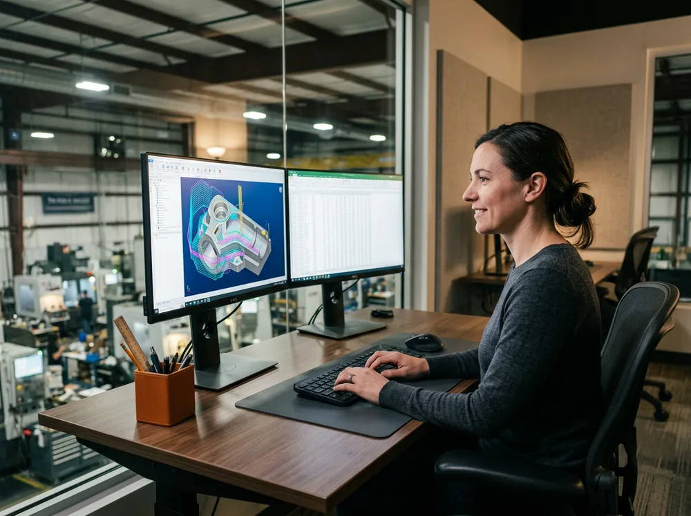 Manufacturing engineer at a dual-monitor workstation reviewing CAM toolpath software with cycle-time data on a second screen and a CNC machine bay visible through a glass office wall