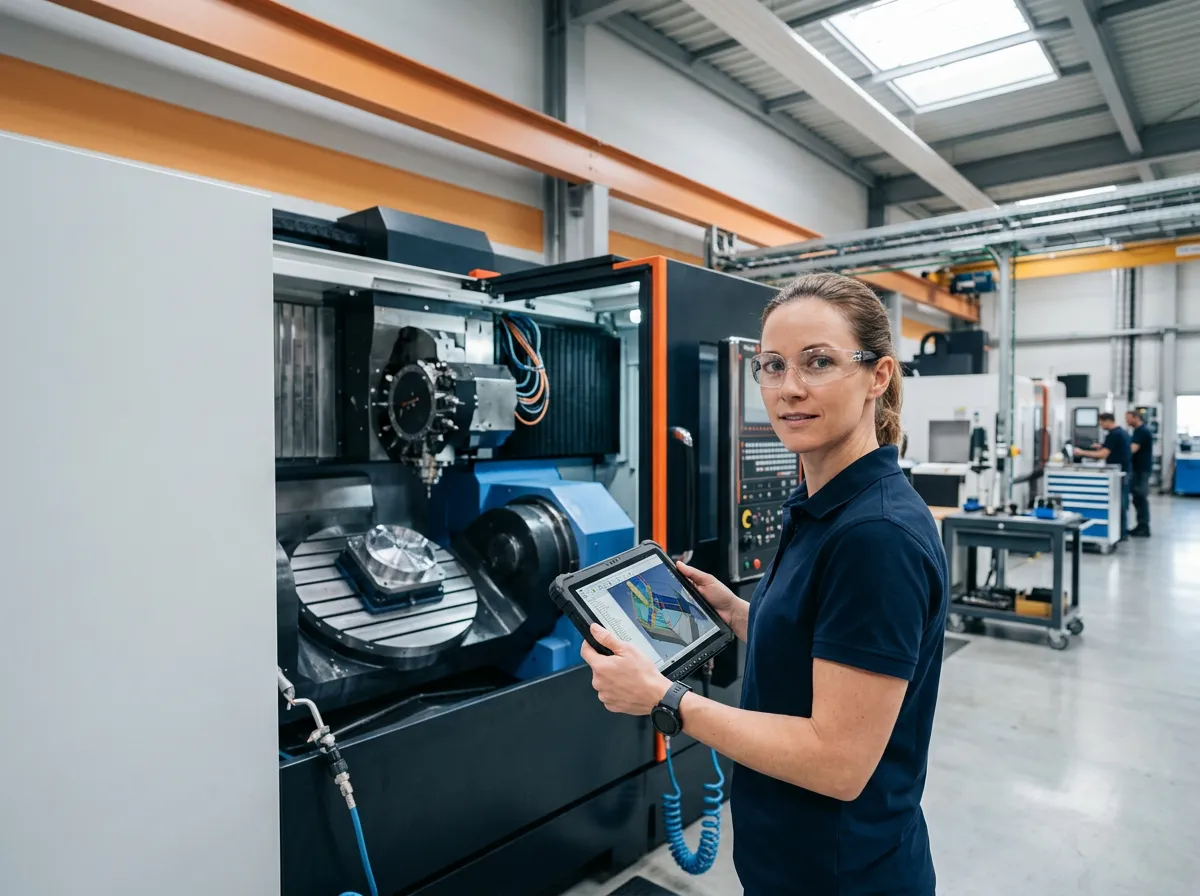 Manufacturing engineer in safety glasses reviewing a CAM toolpath on an industrial tablet next to a five-axis CNC machining center
