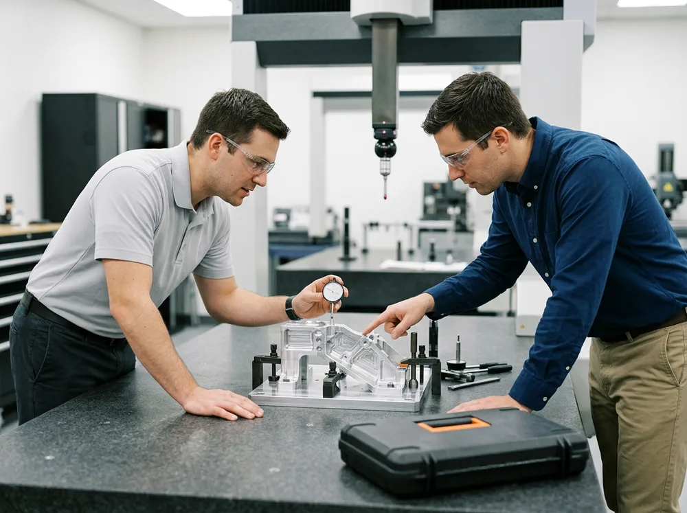 Two manufacturing engineers leaning over a granite surface plate inspecting a precision aluminum prototype bracket with a coordinate measuring machine in the background