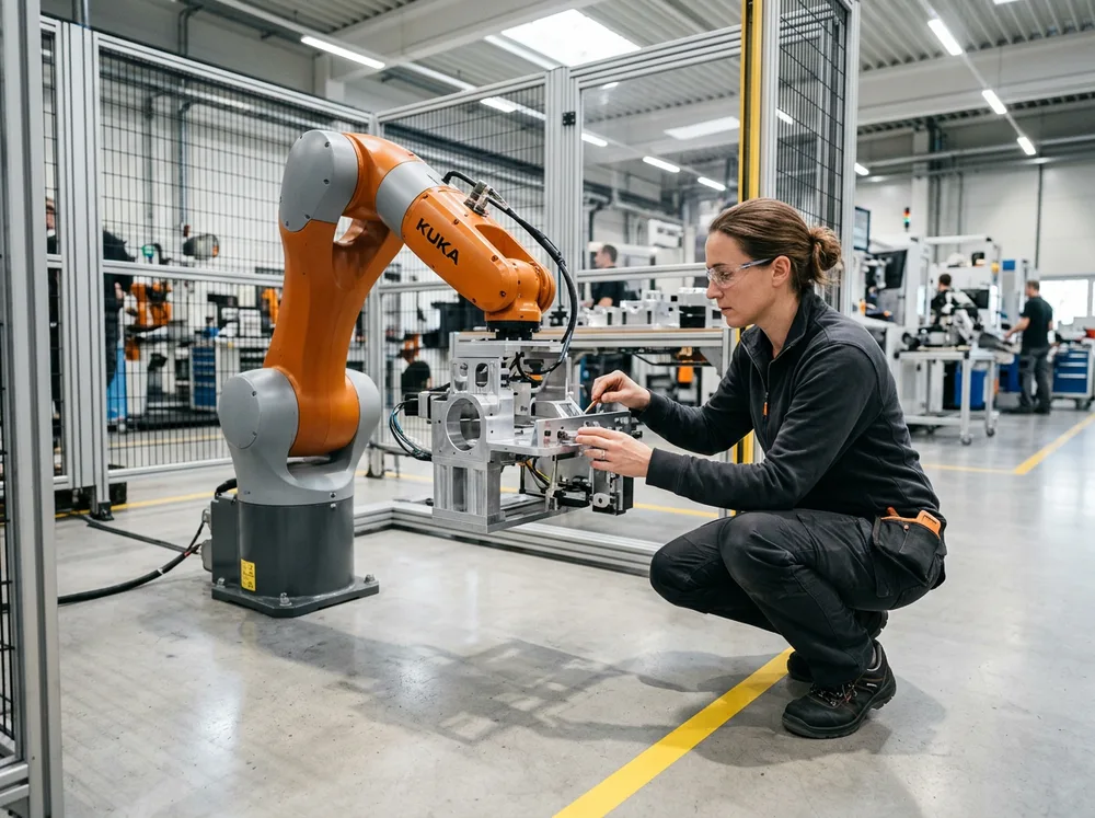 Manufacturing engineer in safety glasses inspecting custom end-of-arm tooling on a six-axis industrial robot inside a production cell with a yellow safety boundary line