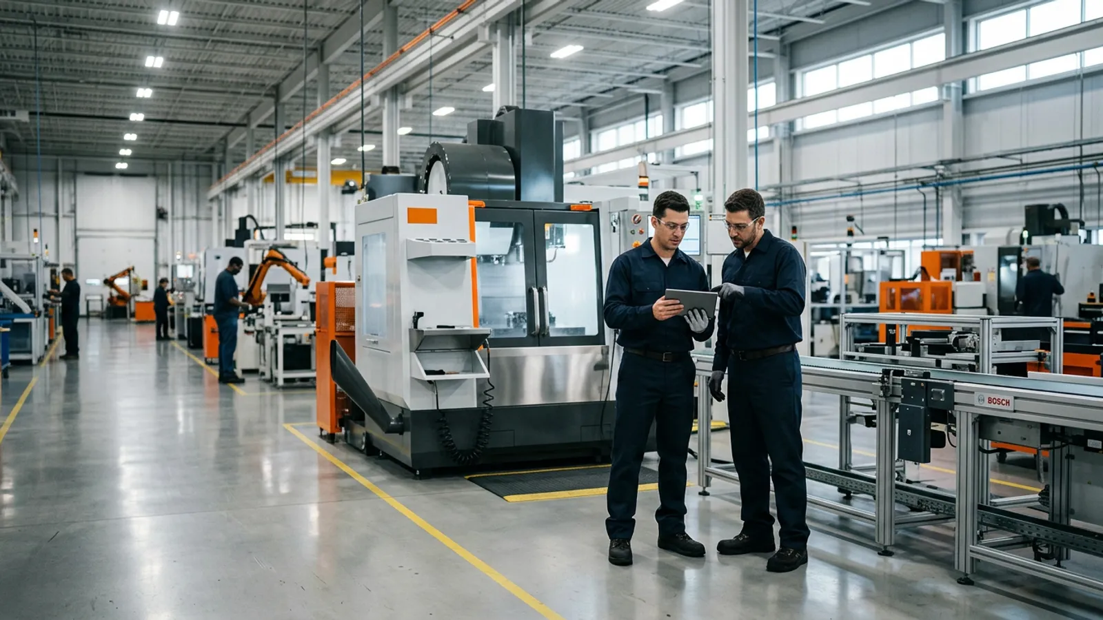 Modern American manufacturing facility production floor with engineers in safety gear reviewing assembly line metrics on a tablet