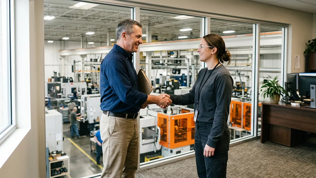 Plant manager congratulating new production supervisor inside a manufacturing office overlooking the floor