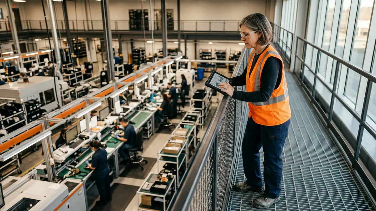 Continuous improvement engineer in safety vest reviewing live production data on a tablet from a factory mezzanine