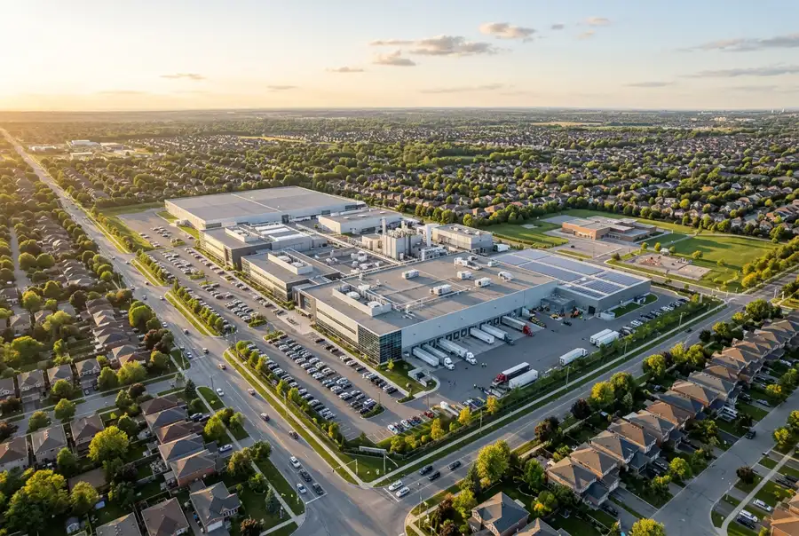 Aerial view of a modern manufacturing campus surrounded by suburban residential neighborhoods within commuting distance
