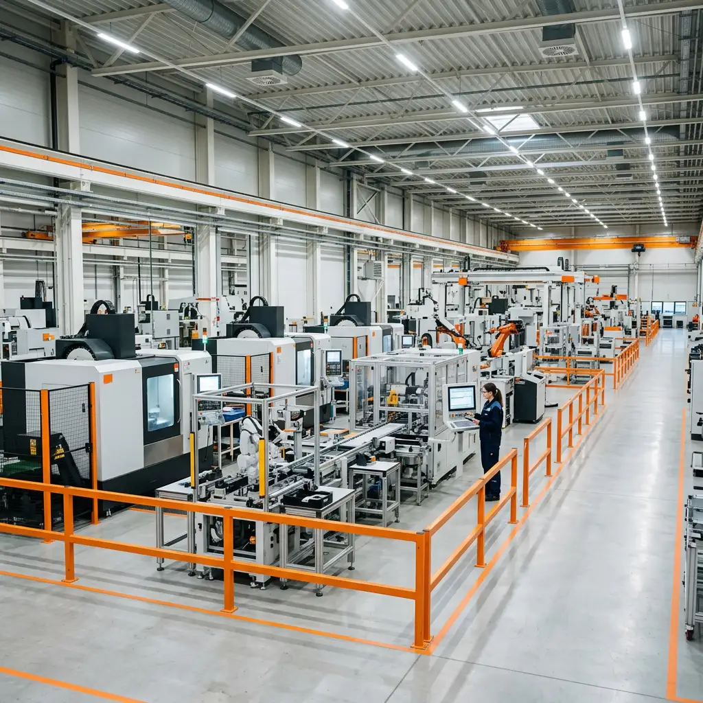 Modern manufacturing facility with CNC machines and automated assembly line under bright industrial lighting