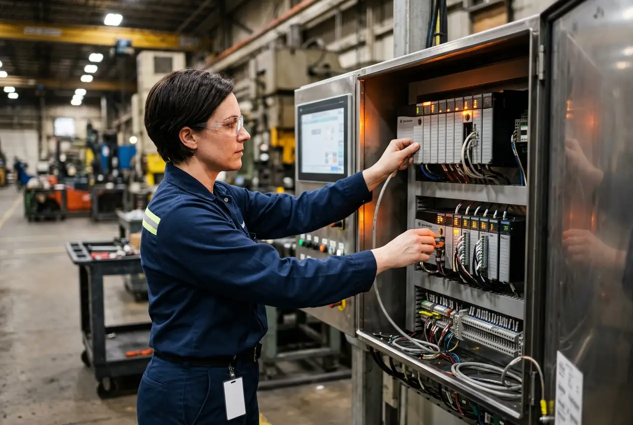 Manufacturing technician programming an Allen-Bradley PLC control panel on a production line