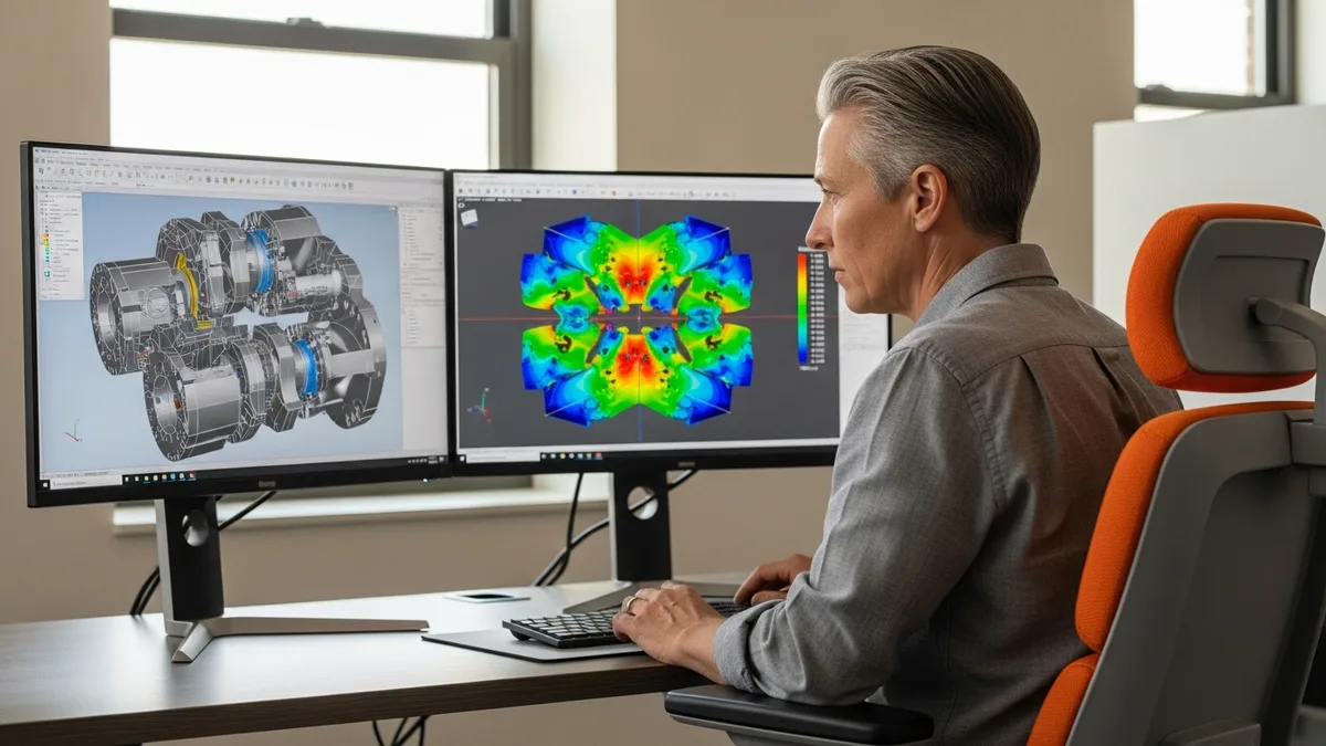 Senior mechanical engineer reviewing complex 3D CAD assembly models and FEA stress plots on dual ultrawide monitors at a modern engineering workstation