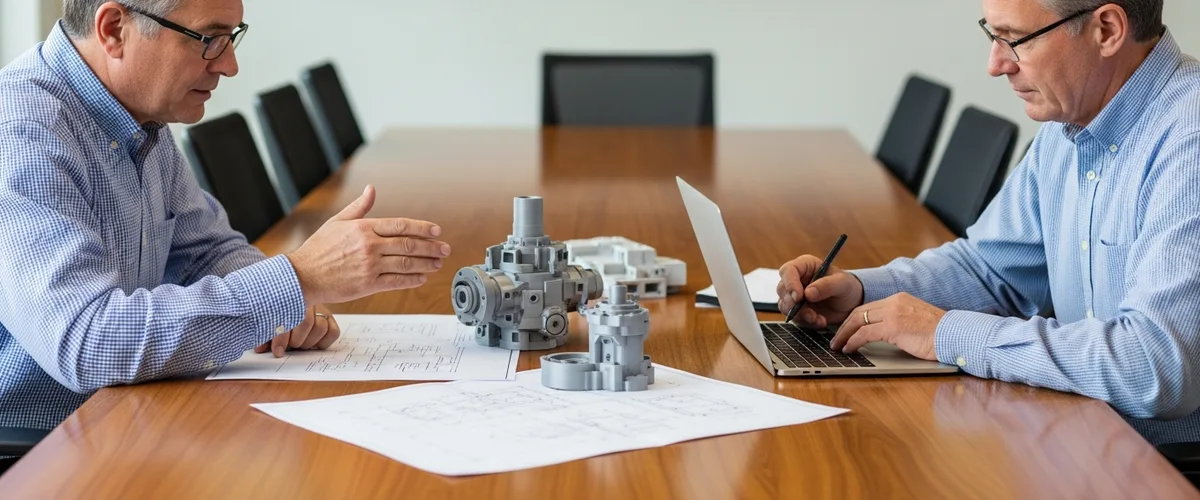 Two senior mechanical engineers reviewing engineering drawings and a 3D printed prototype assembly on a conference table in a modern engineering design studio