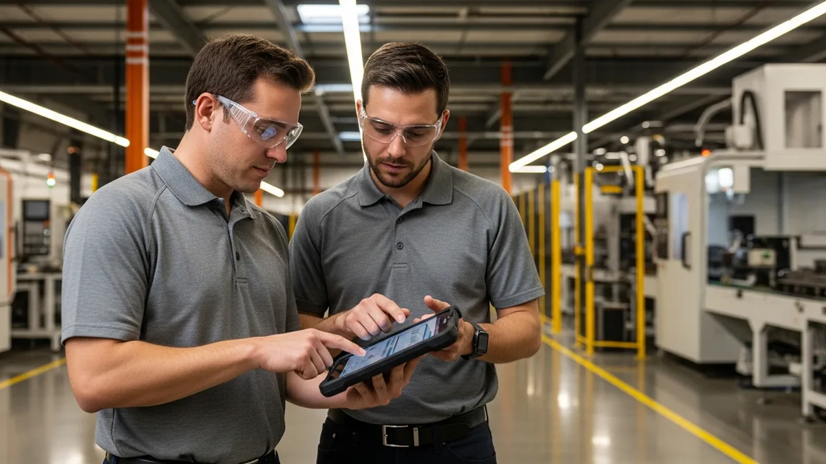 Two mechanical engineers in safety glasses reviewing production analytics on a tablet beside a modern automated CNC manufacturing production line with orange safety guards