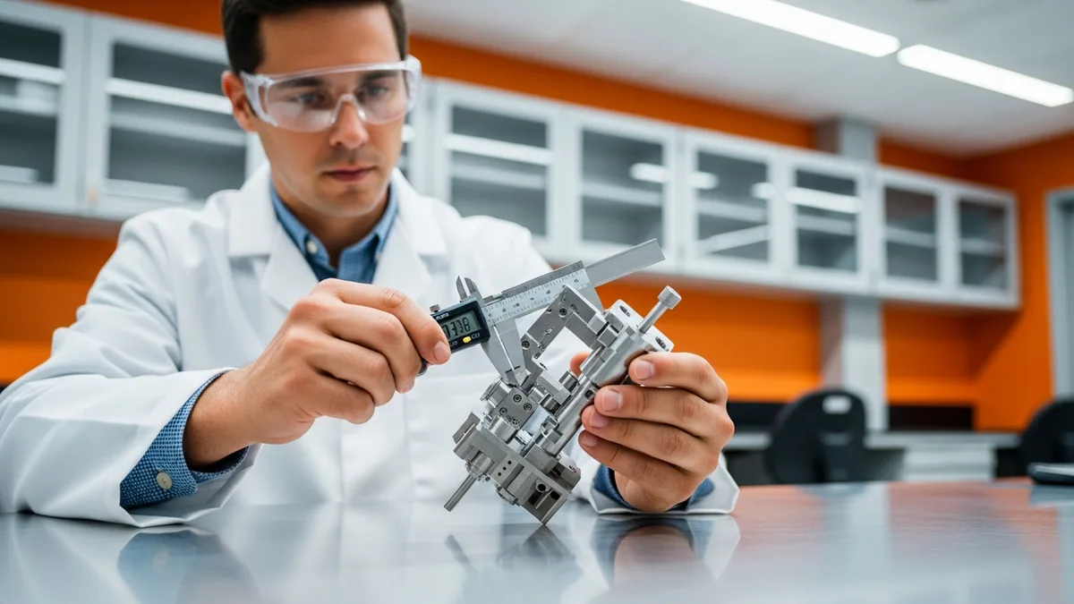 Mechanical engineer in clean lab coat and safety glasses inspecting a stainless steel precision prototype assembly with digital calipers at a research workbench