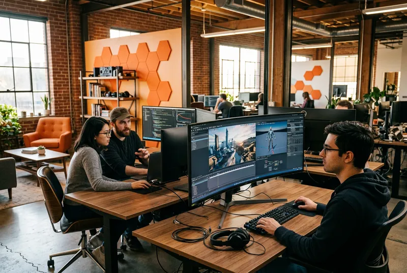 Game developer reviewing Unreal Engine 5 level design and animation rigs on an ultrawide monitor next to a machine learning engineer pair-programming a content recommendation model