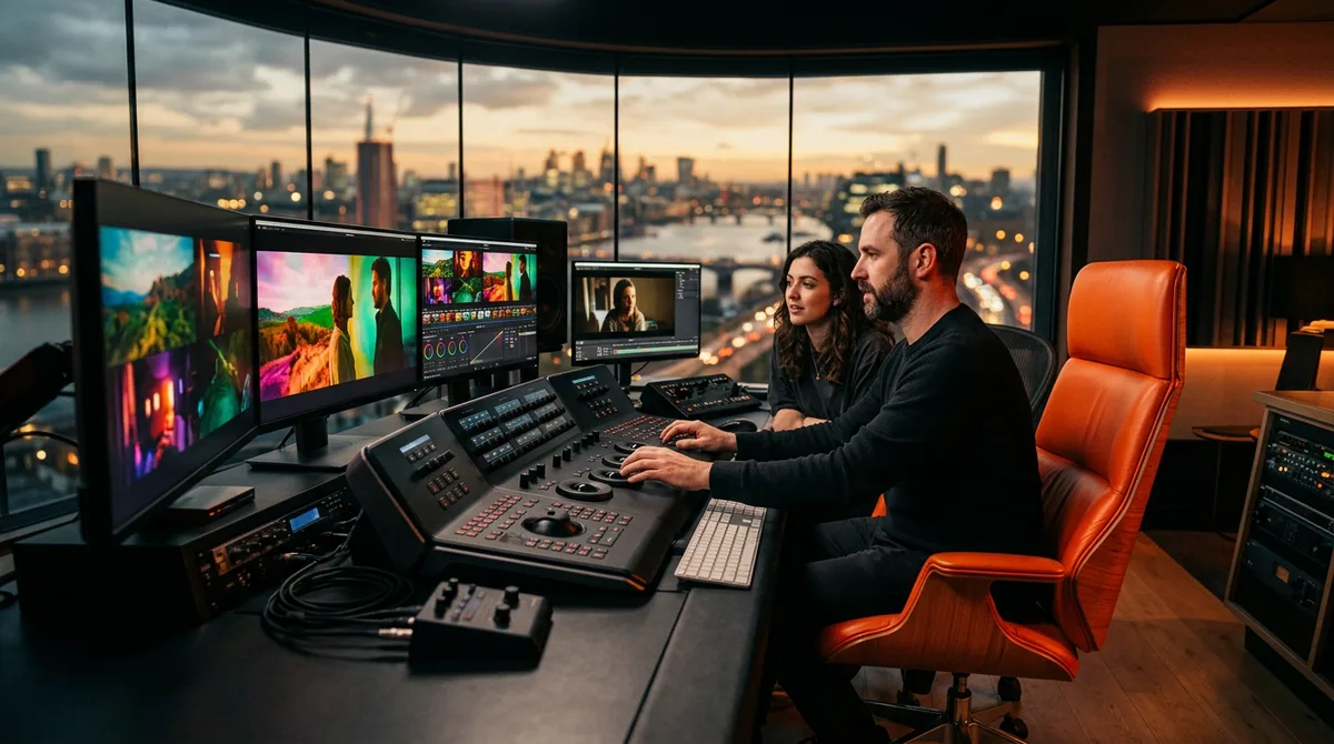 Colorists working at a post-production color grading suite with multiple reference monitors and an orange leather chair, modern studio control room with city skyline behind