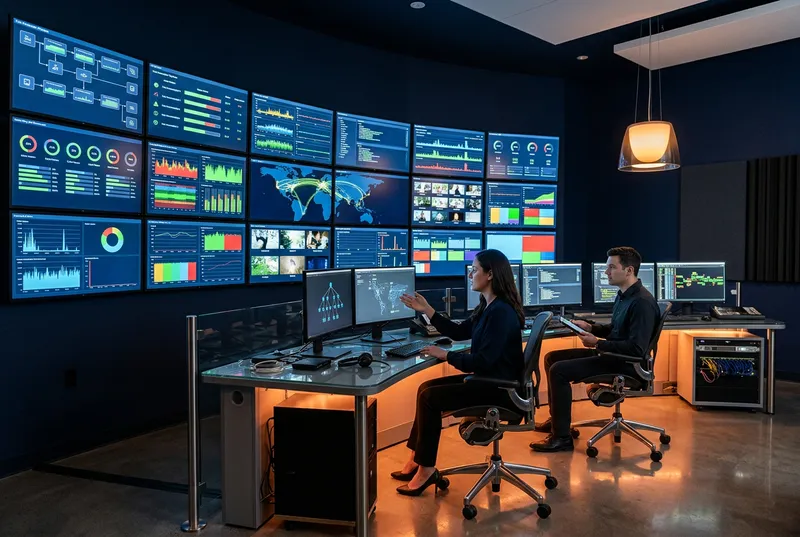 Streaming engineers reviewing live video transcoding pipelines and global CDN delivery dashboards on a wall of monitors in a modern broadcast operations center