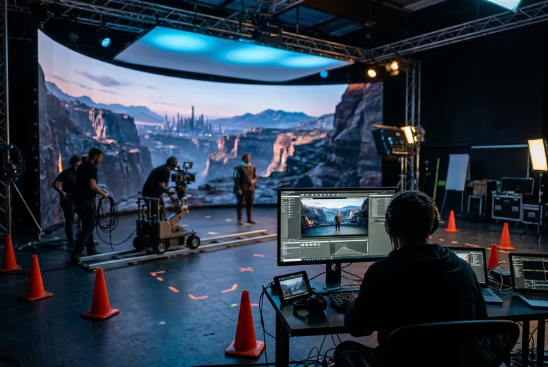 VFX engineer at a workstation reviewing real-time Unreal Engine compositing on a curved monitor, virtual production LED volume stage with camera tracking markers in background