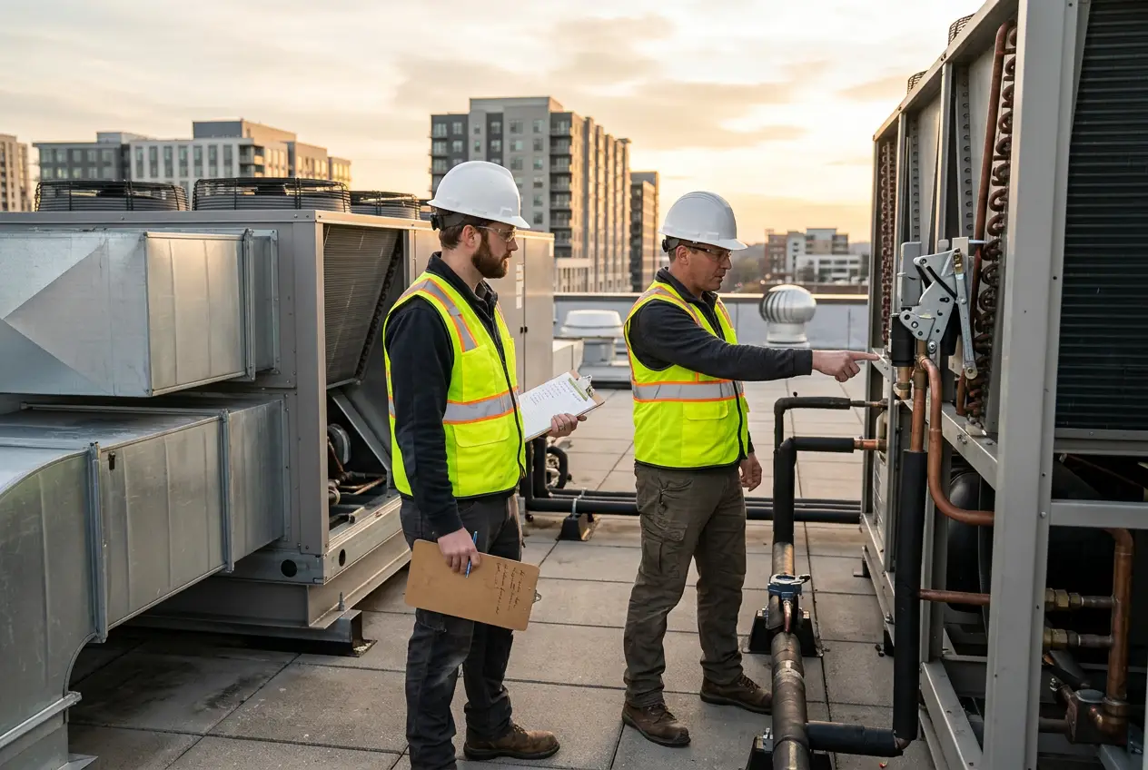MEP commissioning engineer in hard hat reviewing rooftop HVAC equipment with a senior mechanical PE on a commercial building project
