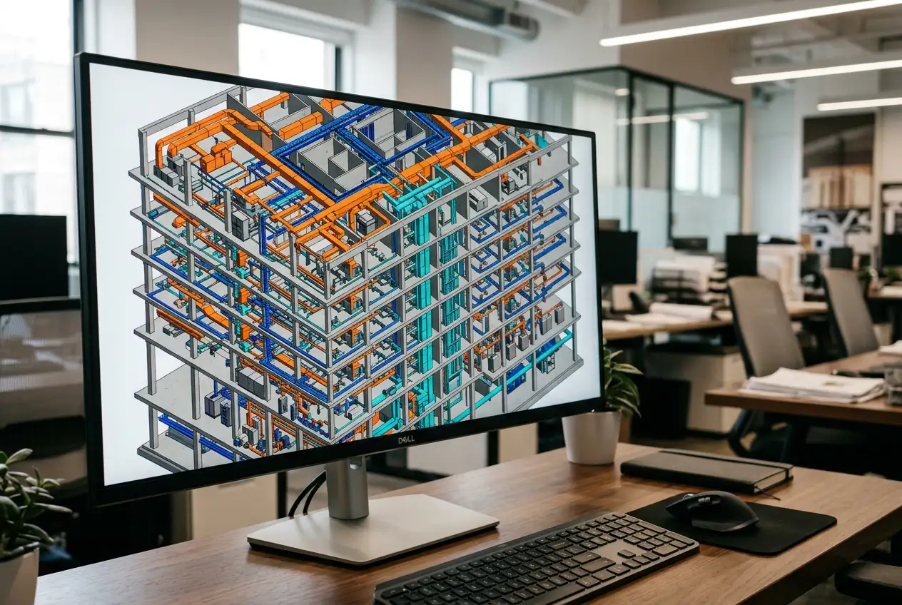 Revit MEP coordination model showing color-coded mechanical ductwork, electrical conduit, and plumbing risers in a building section