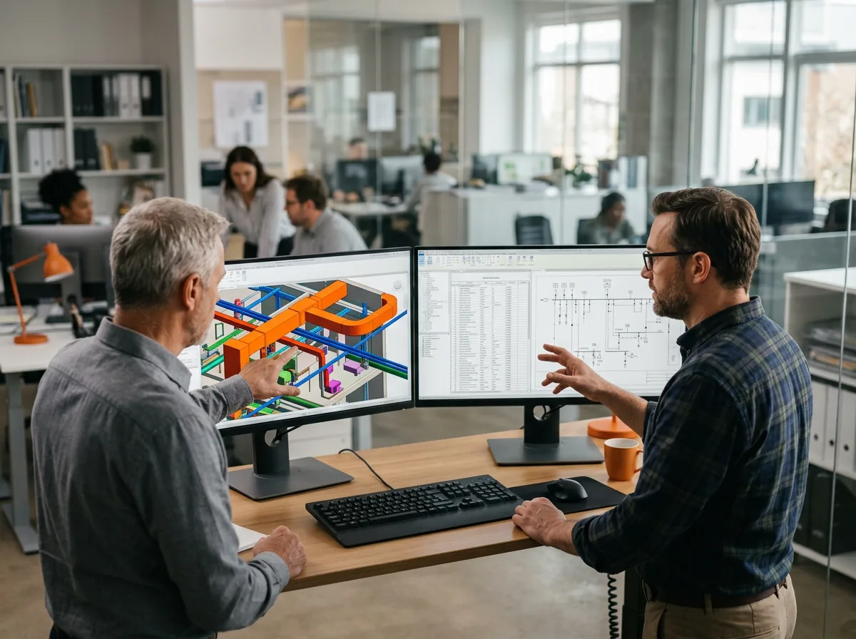 MEP engineering team coordinating mechanical, electrical, and plumbing systems in a Revit MEP model on dual monitors