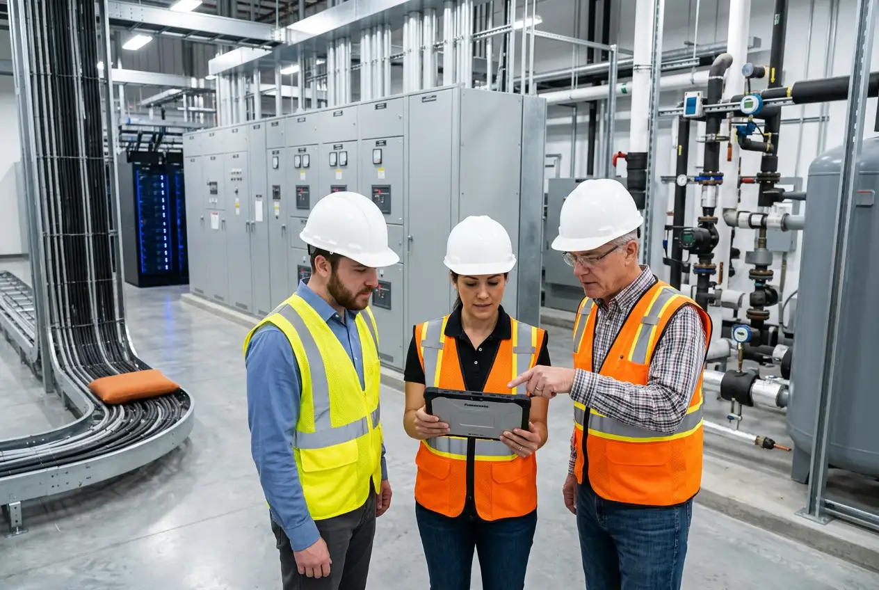 MEP engineering team in safety vests reviewing rooftop chiller and electrical switchgear at modern commercial building project