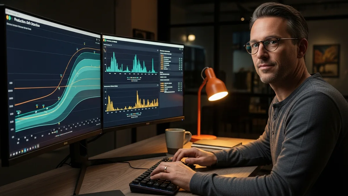 Senior MLOps engineer reviewing production model drift dashboard with latency percentiles and retraining alerts on dual ultrawide monitors