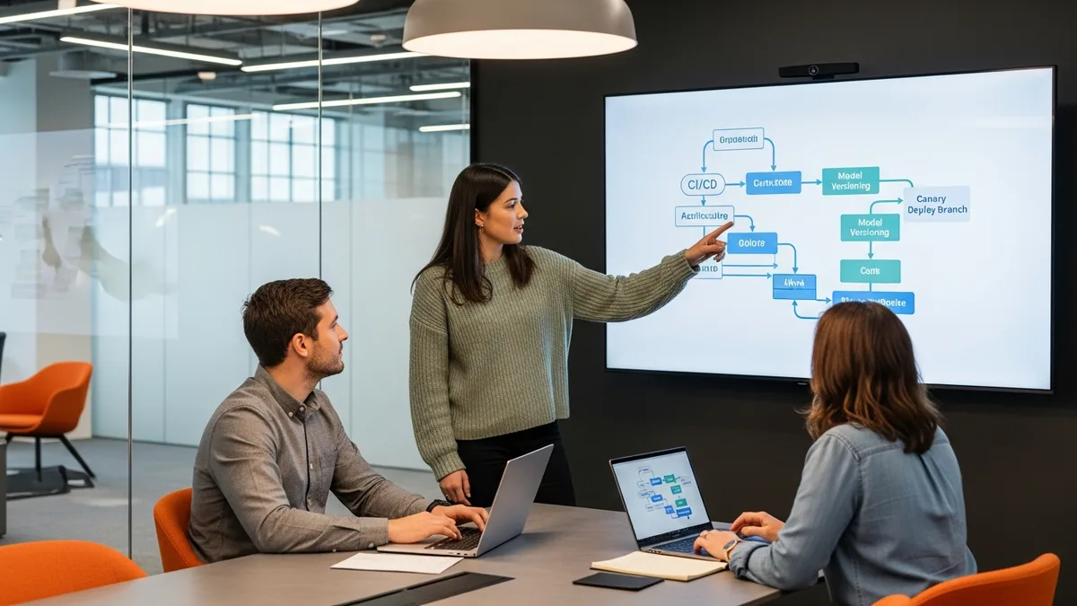 MLOps engineering team reviewing CI/CD pipeline architecture diagram on conference room display with model versioning and canary deploy stages