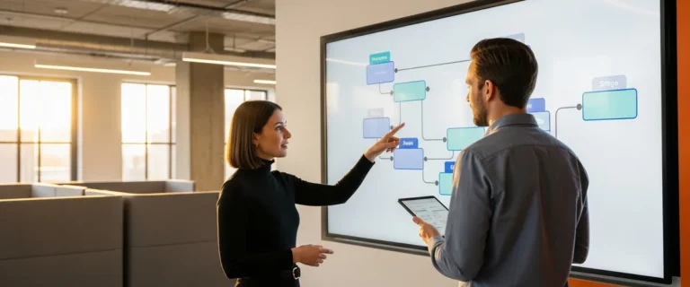 Two MLOps engineers reviewing a model deployment pipeline architecture diagram on a wall display in a modern tech office