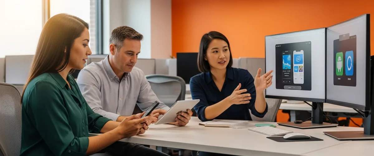 Senior mobile engineering team collaborating on iOS and Android development in a modern Orange County tech office, reviewing phones, a tablet, and desktop screens