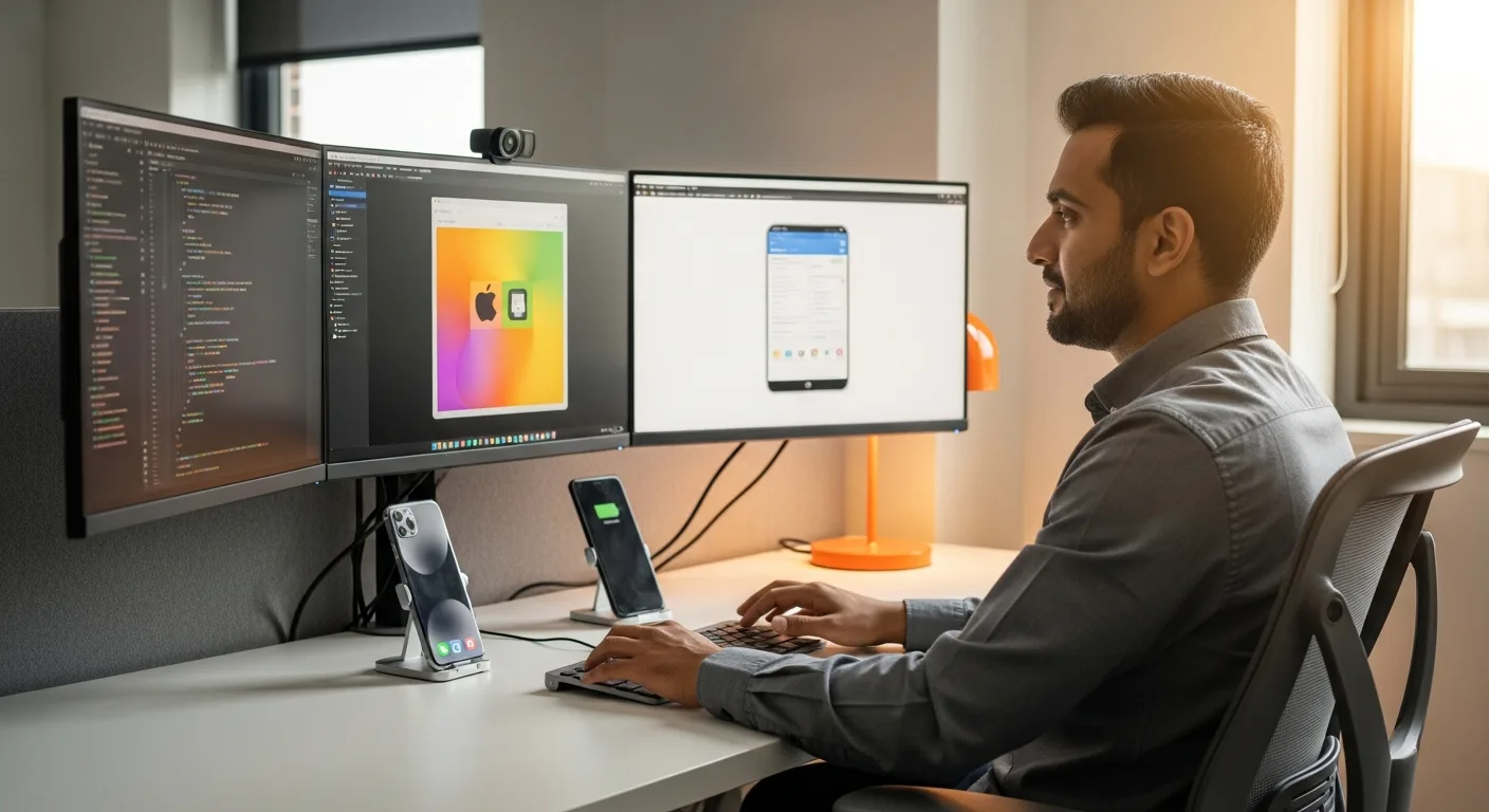 Senior mobile app developer at a triple-monitor workstation reviewing Swift code, Android Studio Jetpack Compose preview, and Xcode build logs in a modern engineering office