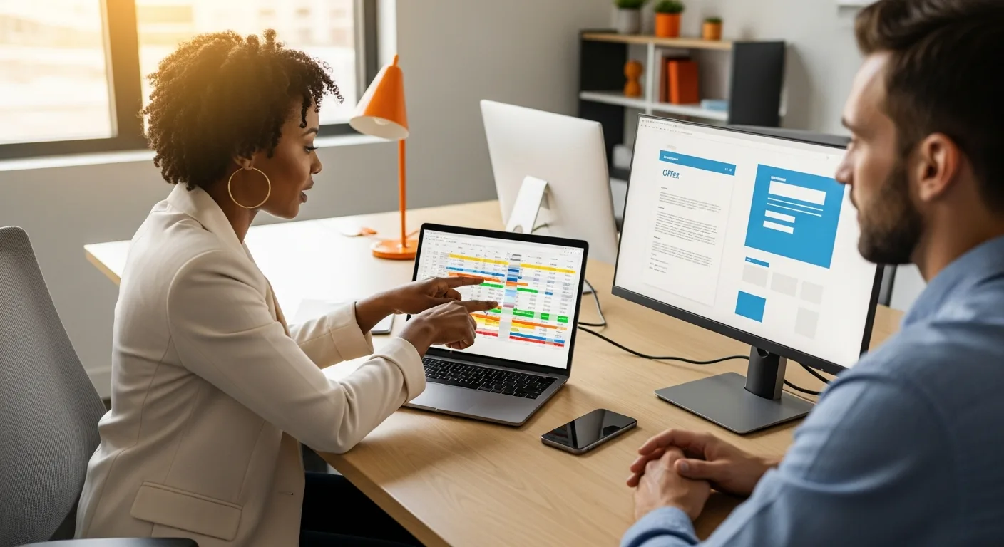 Hiring manager and senior mobile engineer reviewing a salary benchmark spreadsheet alongside a draft offer letter for a senior iOS role in an Orange County office