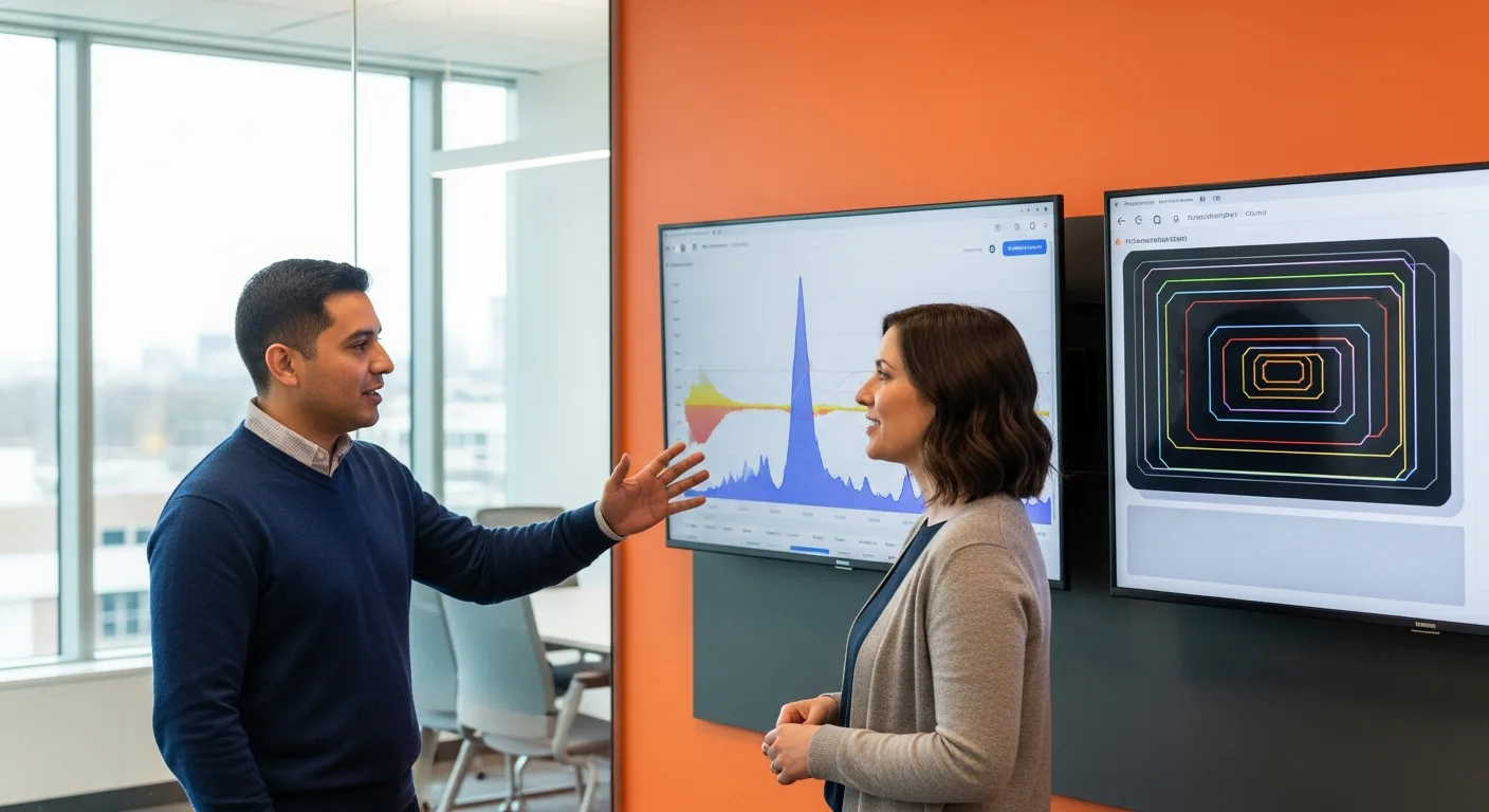 Two mobile engineers reviewing Xcode Instruments memory profiler and Android Studio Layout Inspector side by side on a glass conference room wall during a performance debugging session