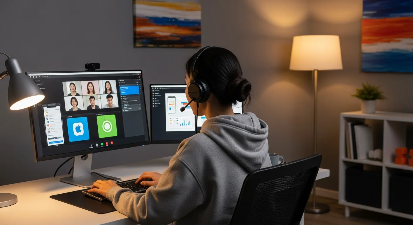 Remote mobile engineering team on a video call collaborating across time zones with iOS Simulator, Android emulator, and a Figma design file visible on shared screens