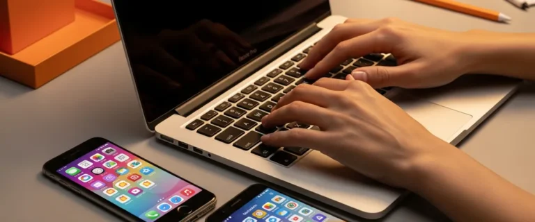 Mobile developer workspace with iPhone and Android devices showing app screens