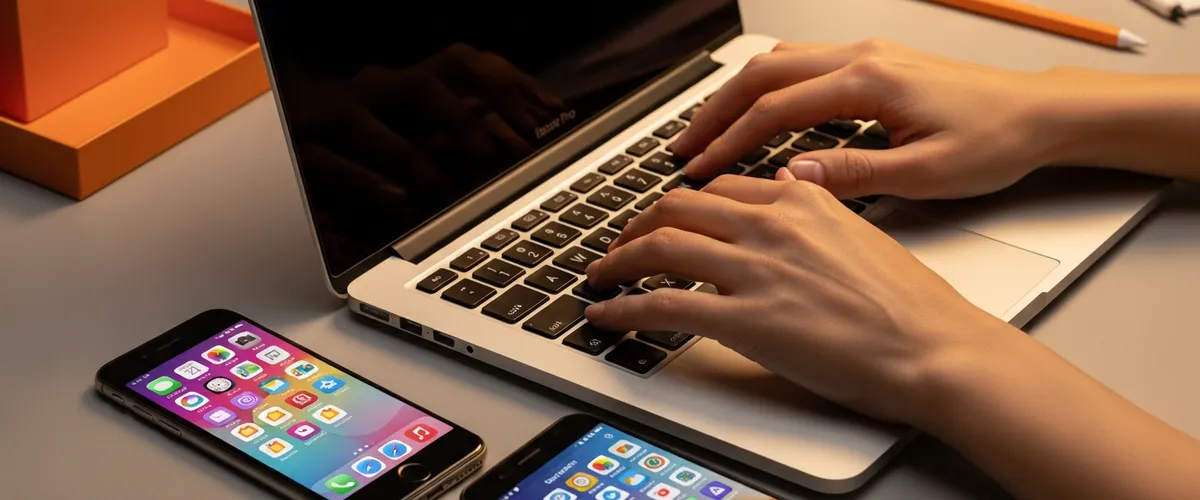 Mobile developer workspace with iPhone and Android devices showing app screens