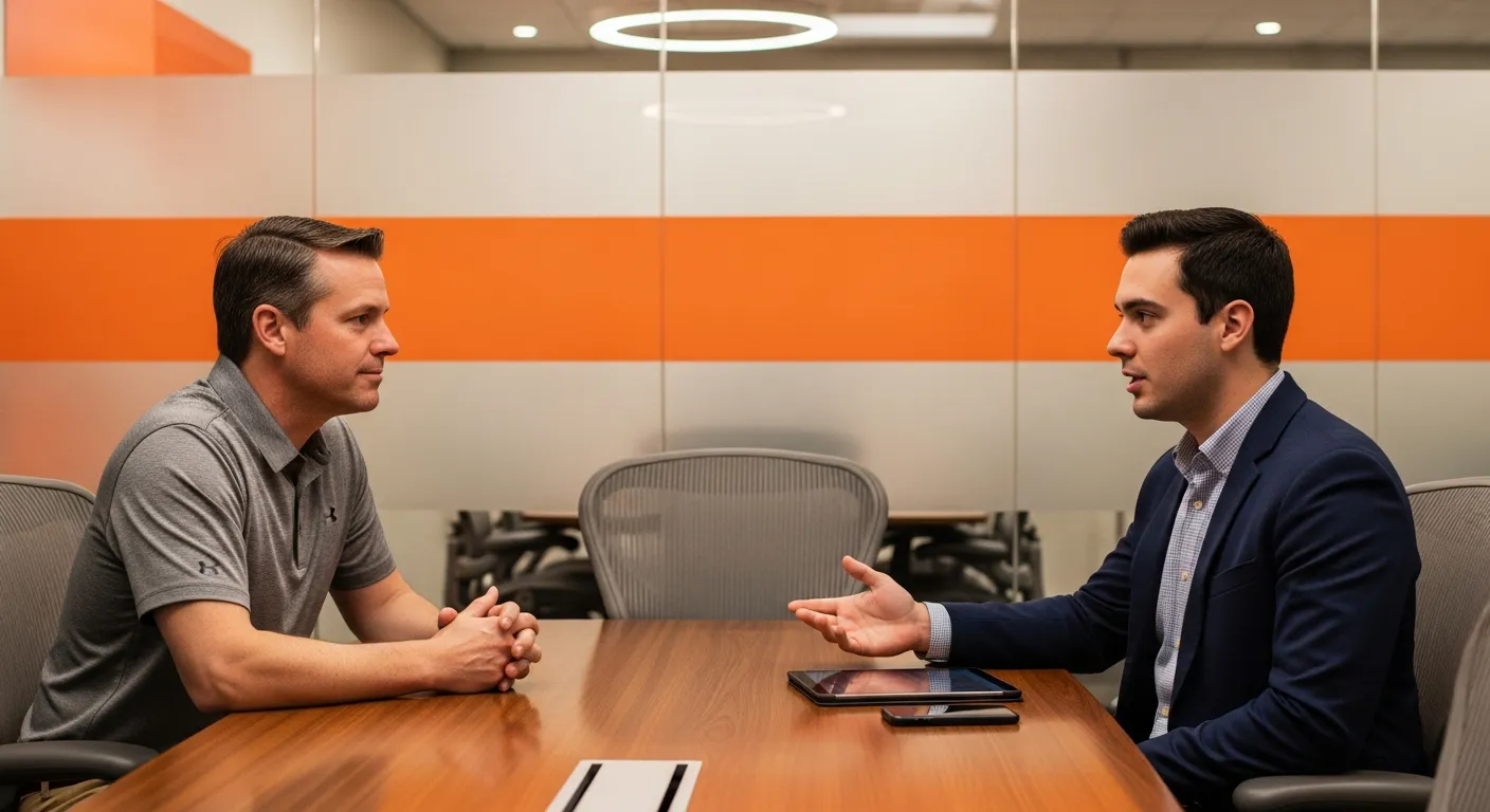 Hiring manager interviewing mobile developer candidate with devices on conference table