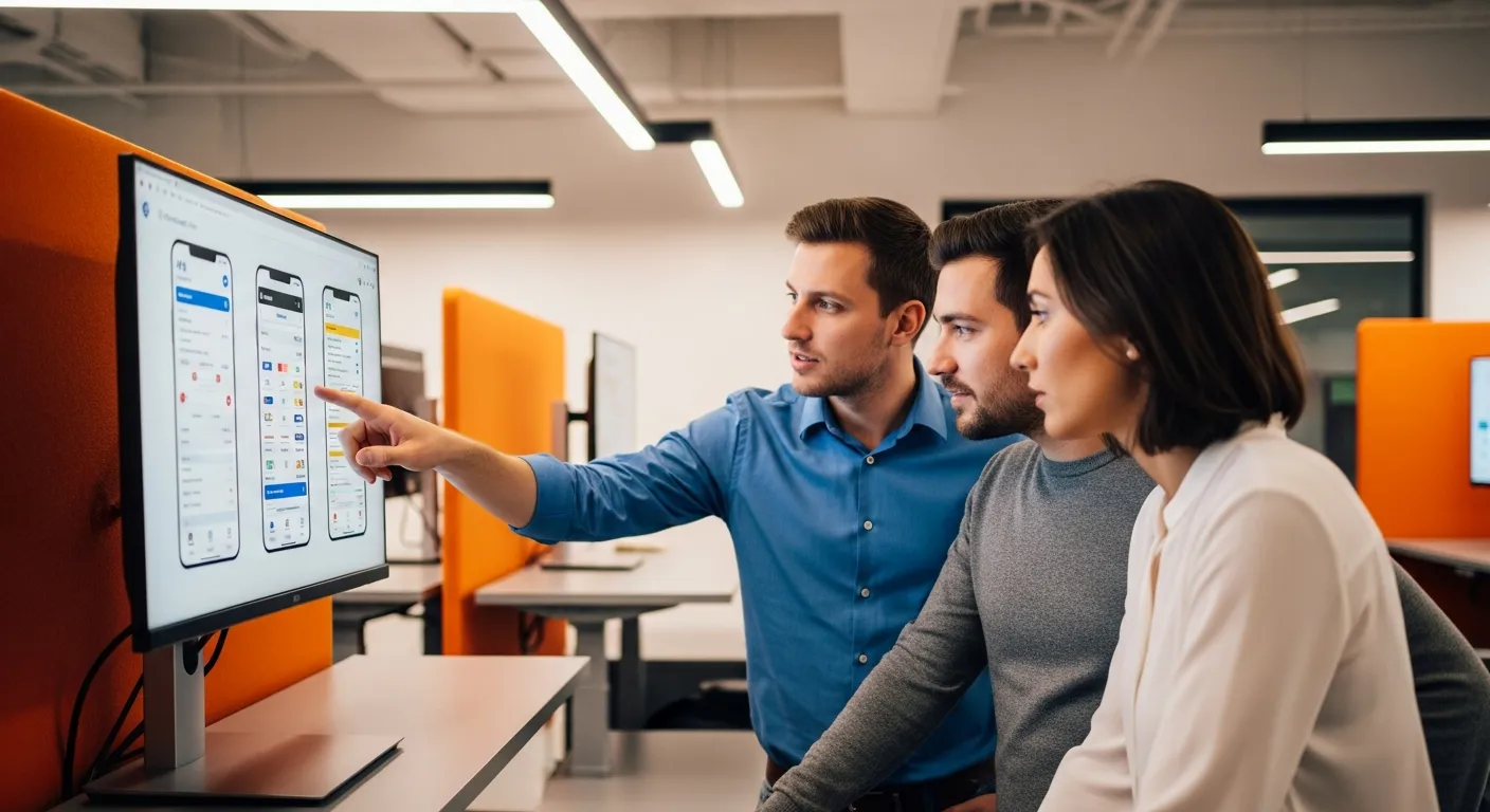 Mobile development team collaborating on app interface design in modern office