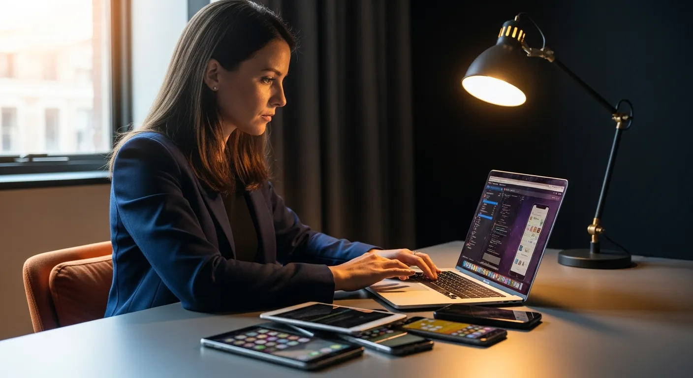 Mobile developer writing Swift code at modern workstation with iPhone, iPad, and MacBook Pro