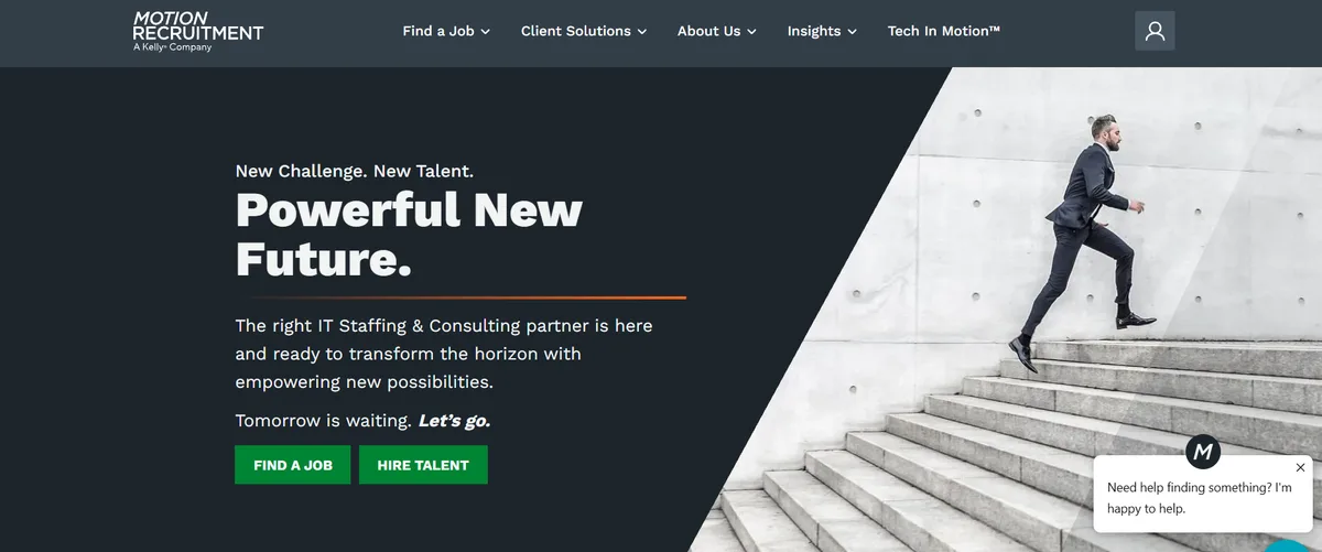 Motion Recruitment Chicago homepage screenshot with Powerful New Future headline ranked best tech staffing specialist in Chicago 2026